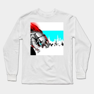 the mighty mechagodzilla kaiju in the city in disaster ecopop wallpaper art Long Sleeve T-Shirt